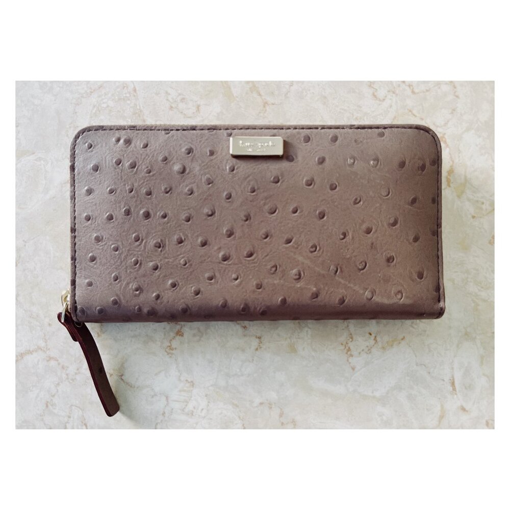 Kate Spade Stacy Ostrich Embossed Tan Leather Zip Around Wallet